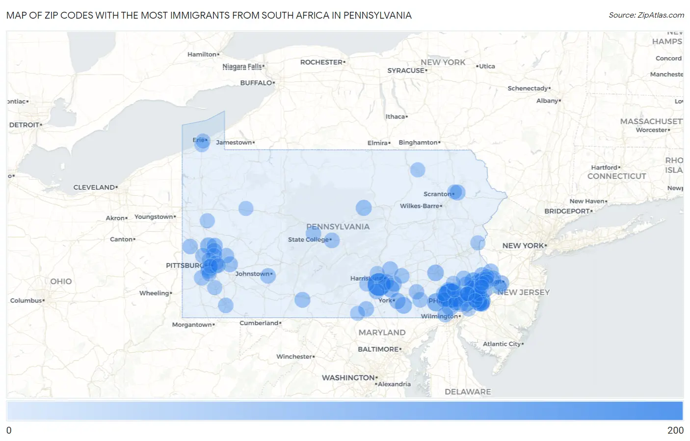 Zip Codes with the Most Immigrants from South Africa in Pennsylvania Map
