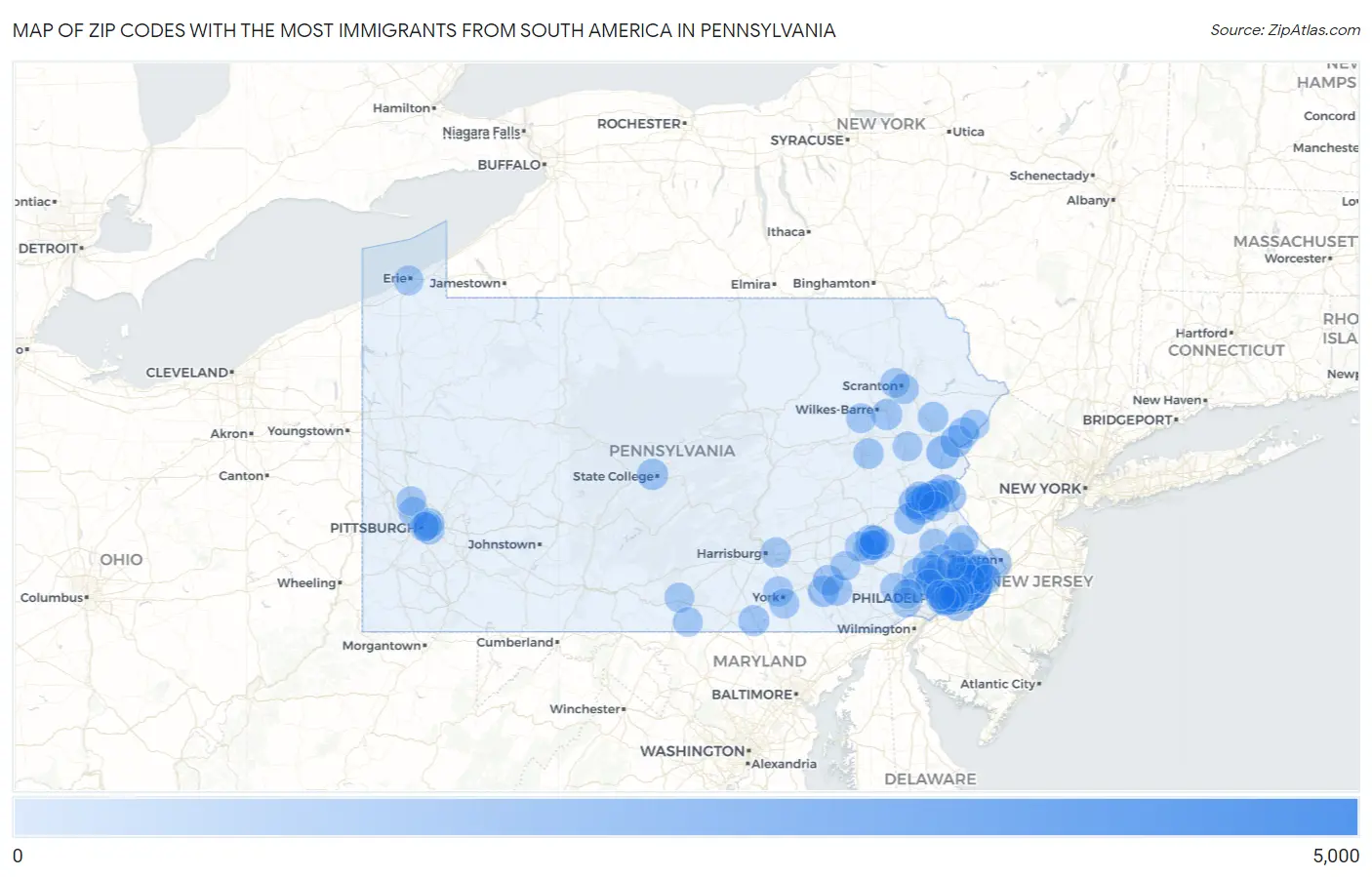 Zip Codes with the Most Immigrants from South America in Pennsylvania Map