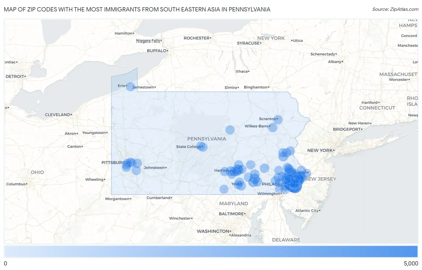 Zip Codes with the Most Immigrants from South Eastern Asia in Pennsylvania Map