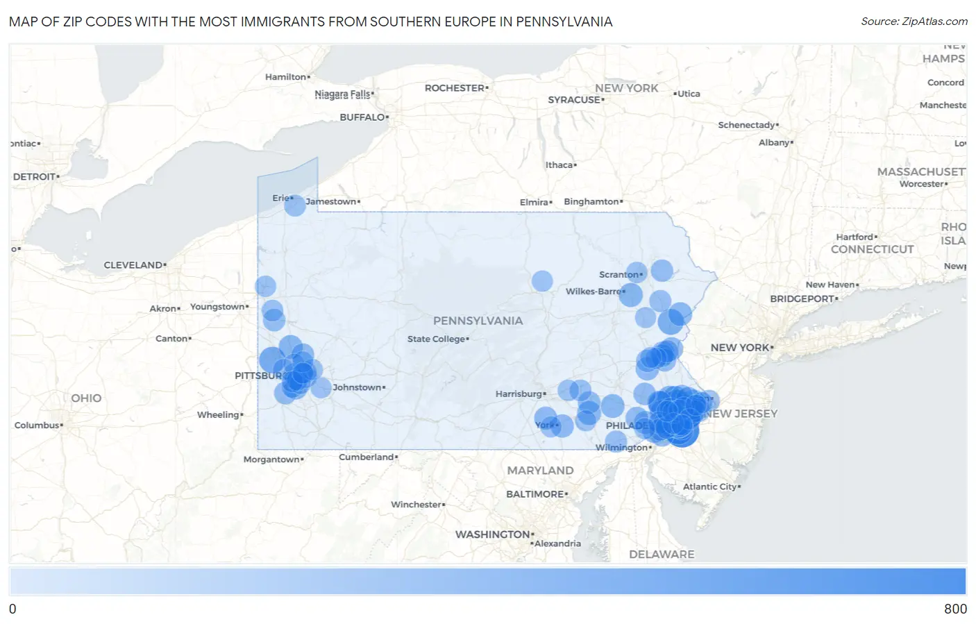 Zip Codes with the Most Immigrants from Southern Europe in Pennsylvania Map