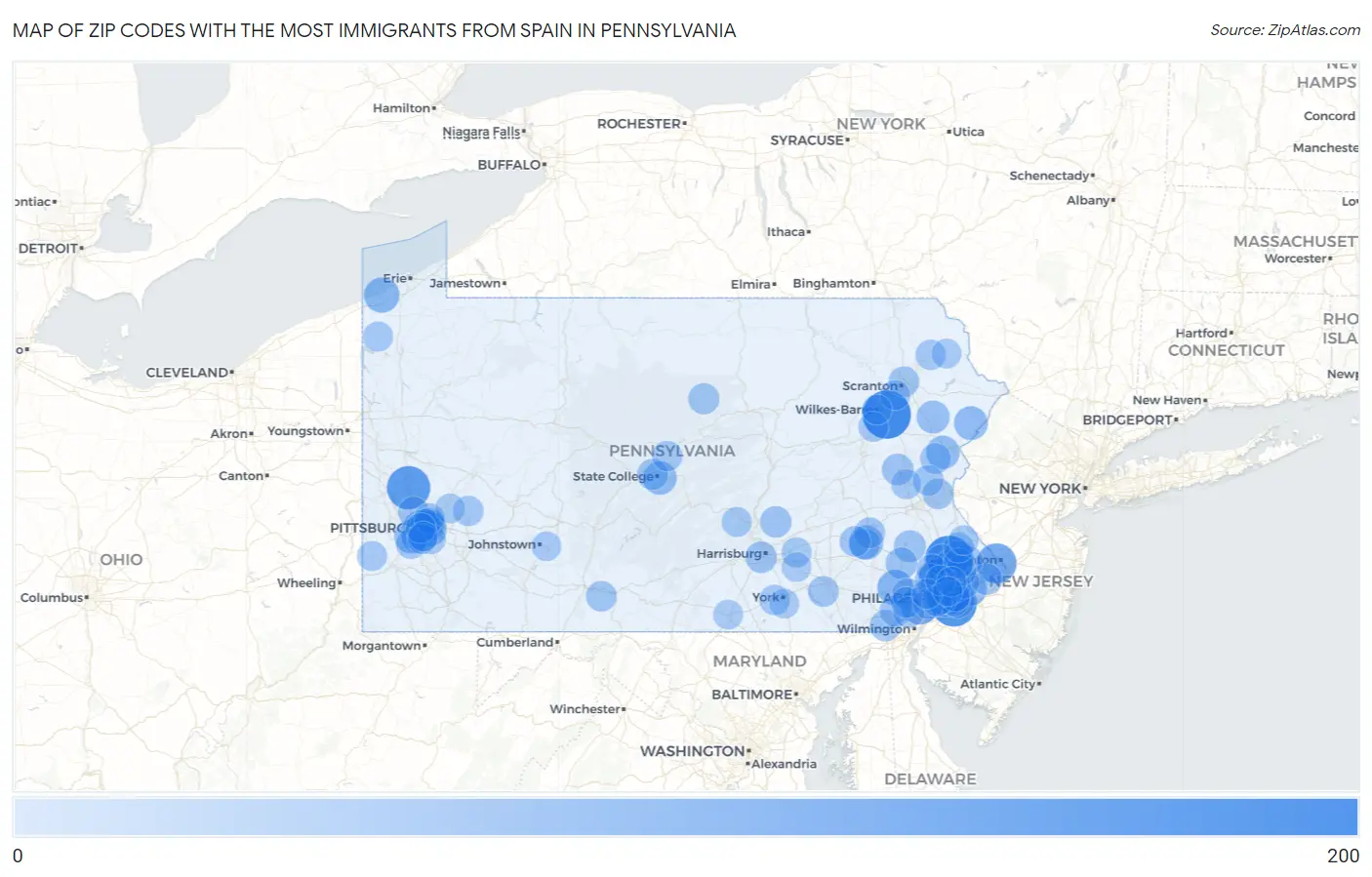 Zip Codes with the Most Immigrants from Spain in Pennsylvania Map