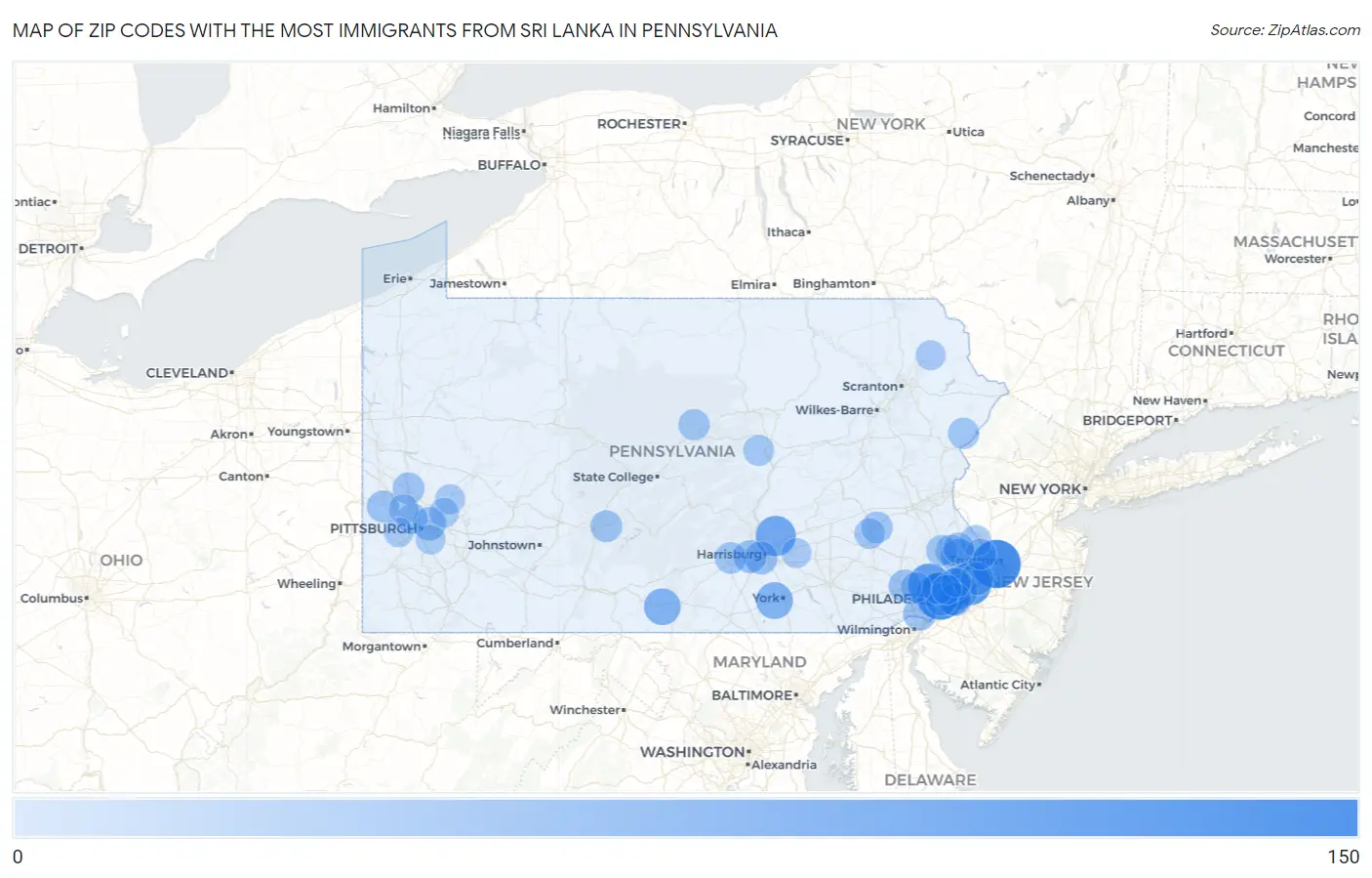 Zip Codes with the Most Immigrants from Sri Lanka in Pennsylvania Map