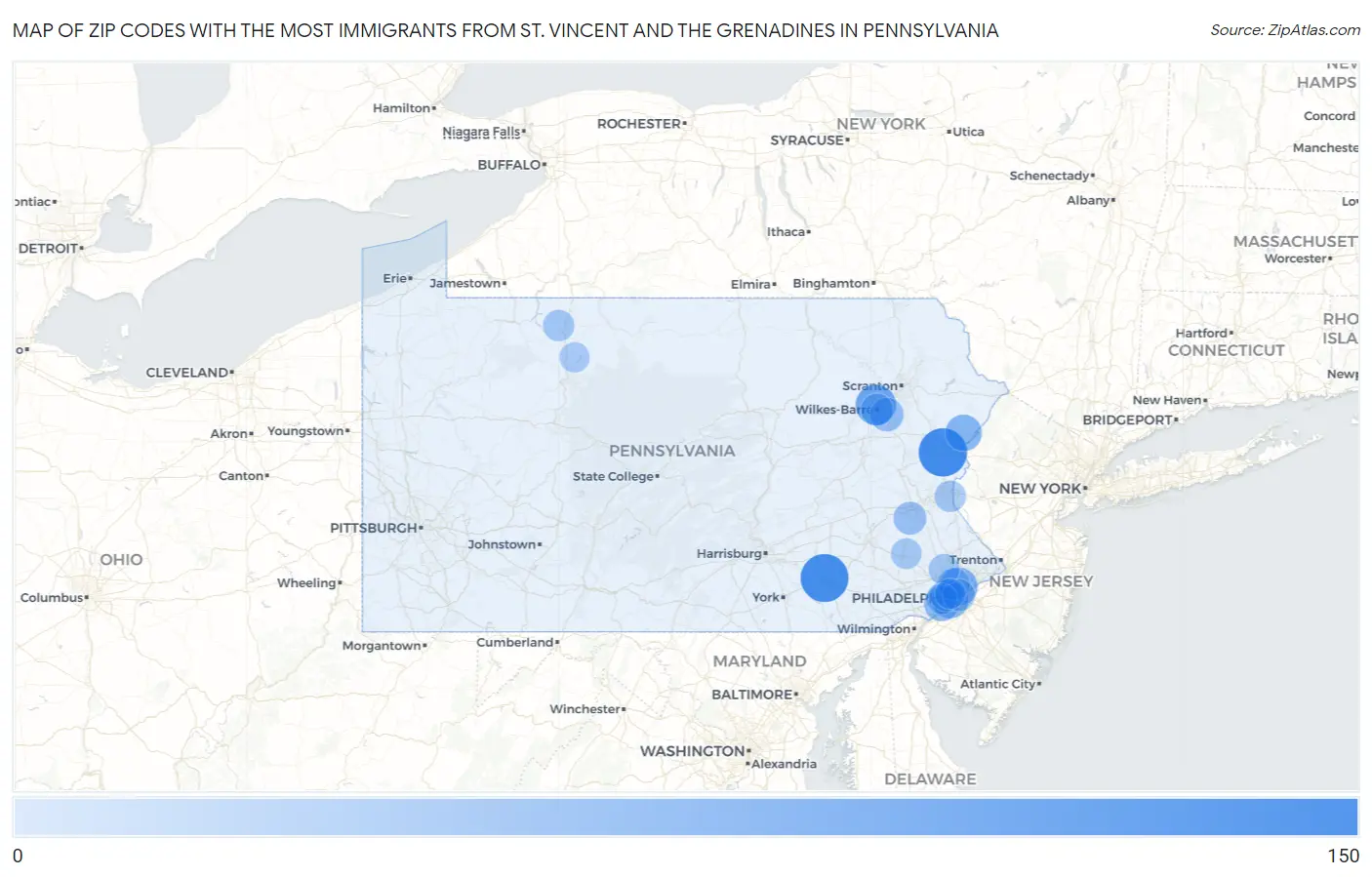Zip Codes with the Most Immigrants from St. Vincent and the Grenadines in Pennsylvania Map