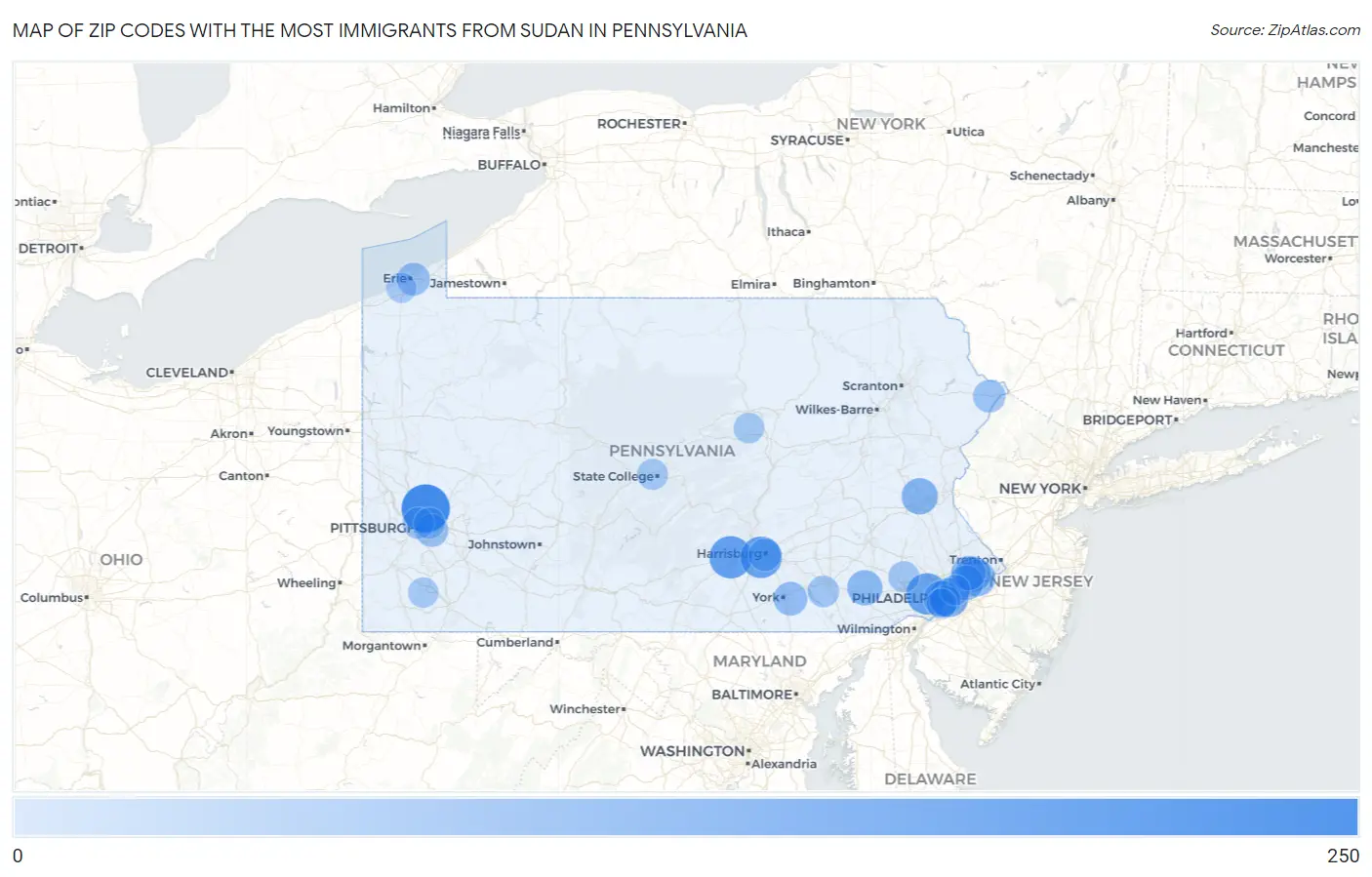 Zip Codes with the Most Immigrants from Sudan in Pennsylvania Map