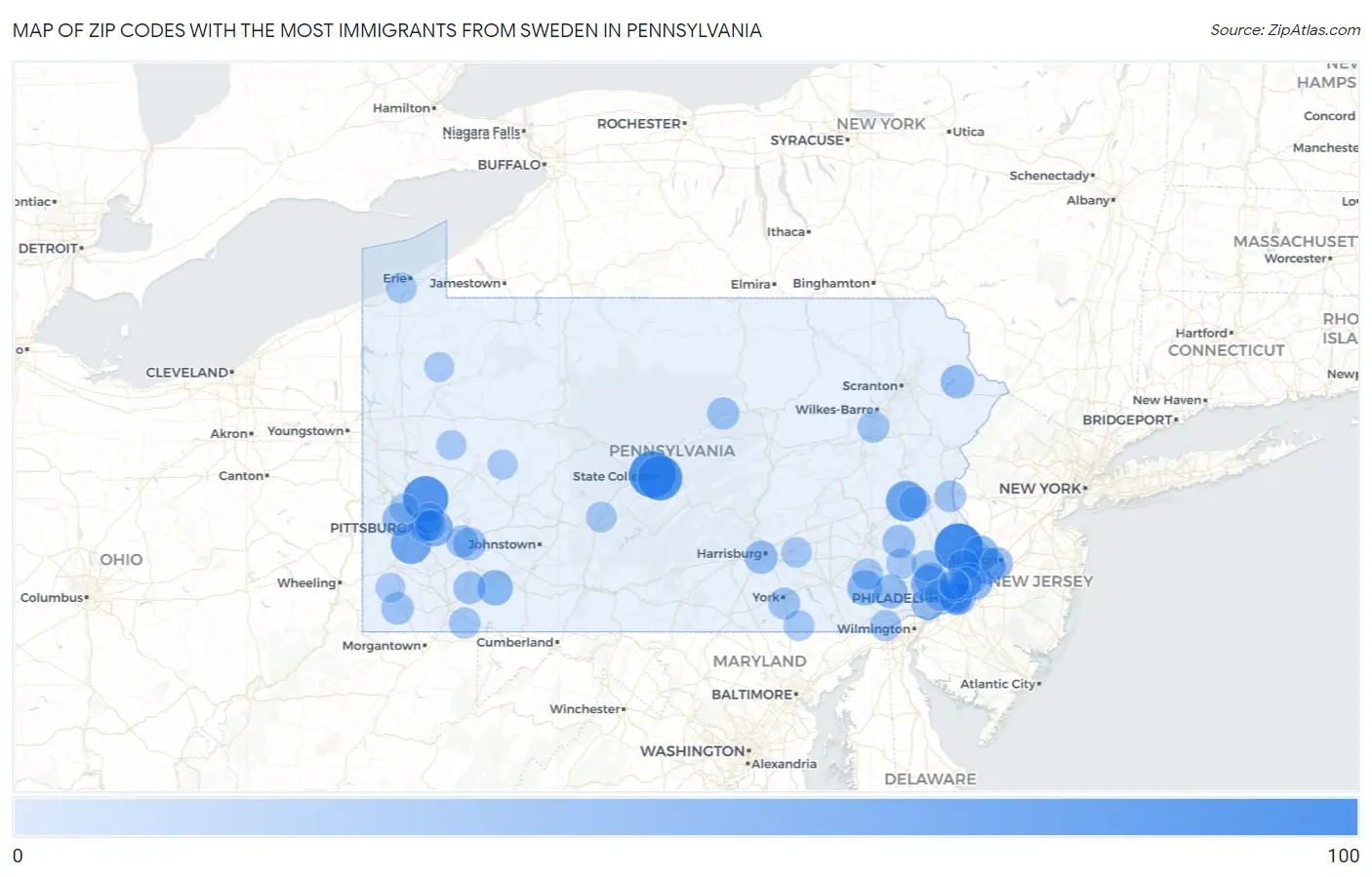 Zip Codes with the Most Immigrants from Sweden in Pennsylvania Map