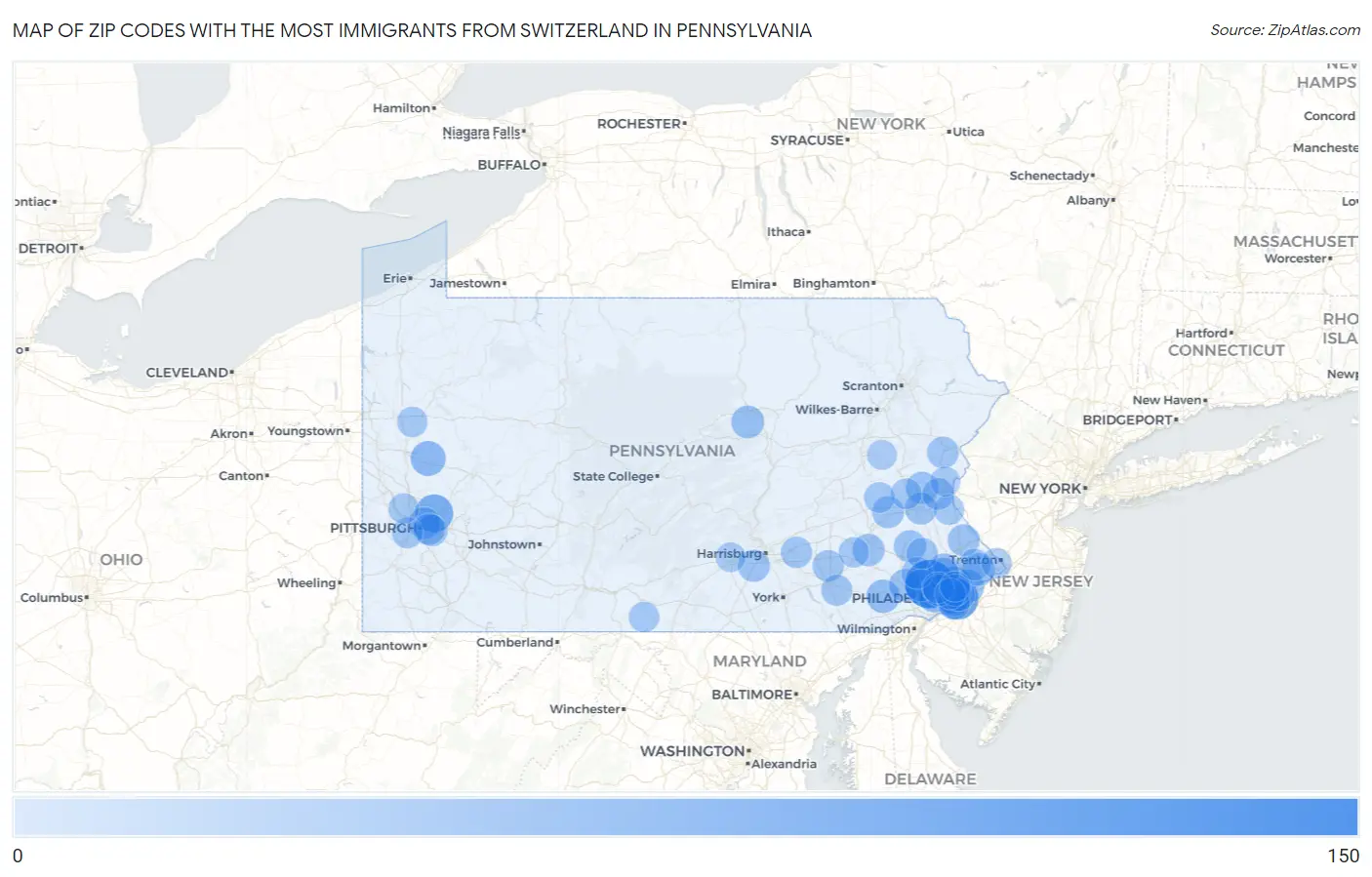 Zip Codes with the Most Immigrants from Switzerland in Pennsylvania Map