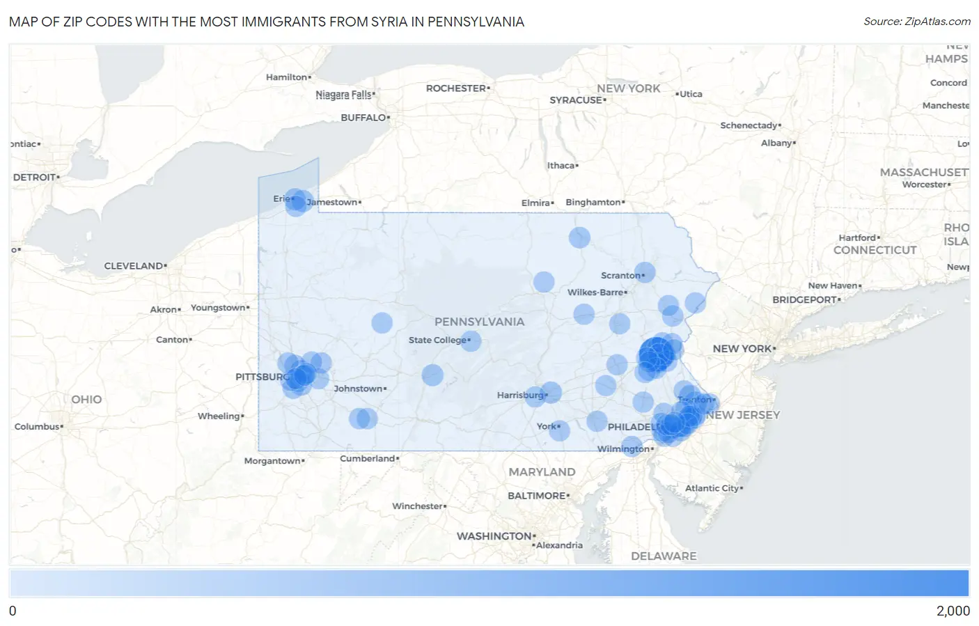 Zip Codes with the Most Immigrants from Syria in Pennsylvania Map