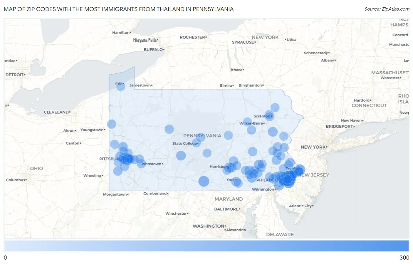 Zip Codes with the Most Immigrants from Thailand in Pennsylvania Map