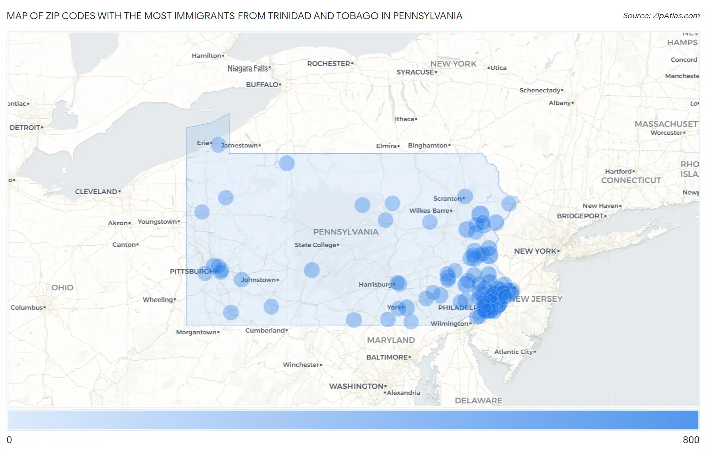 Zip Codes with the Most Immigrants from Trinidad and Tobago in Pennsylvania Map