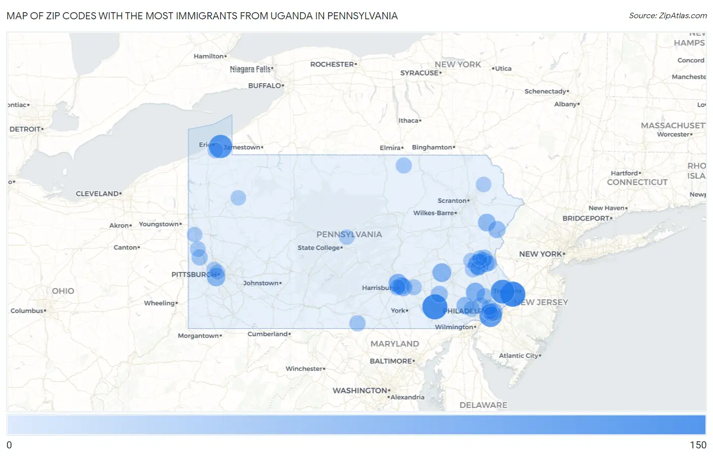 Zip Codes with the Most Immigrants from Uganda in Pennsylvania Map