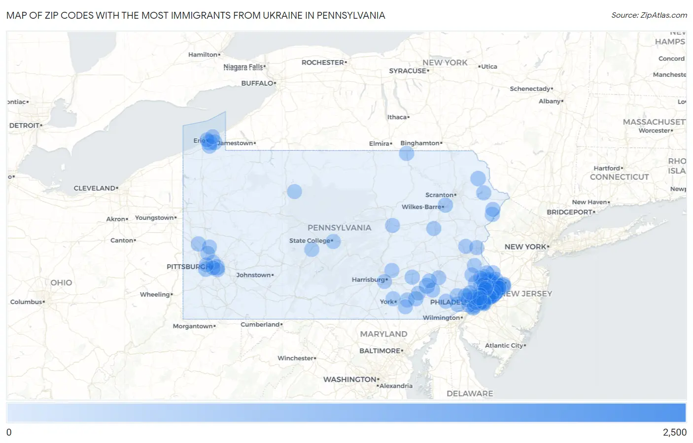 Zip Codes with the Most Immigrants from Ukraine in Pennsylvania Map
