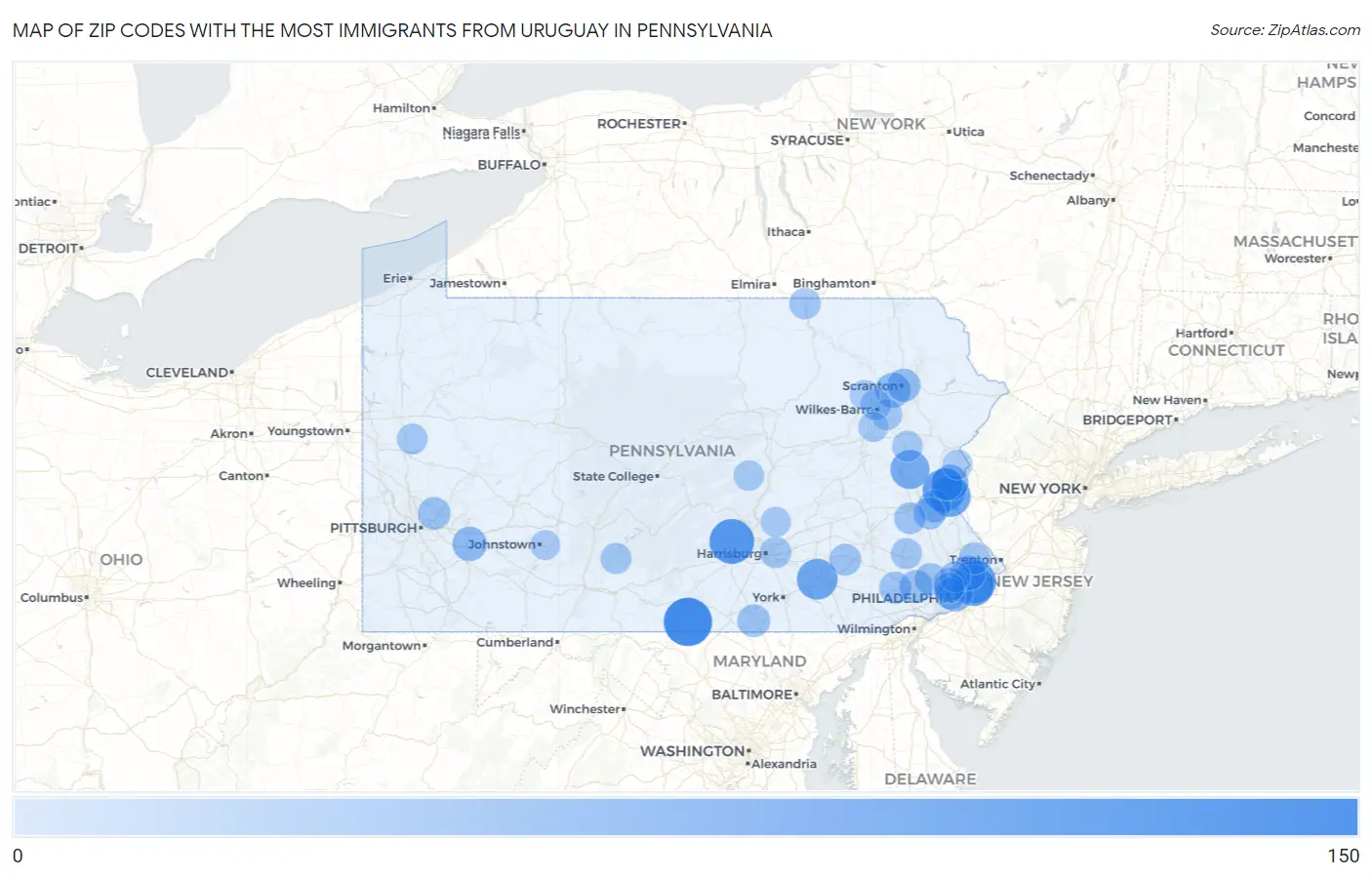 Zip Codes with the Most Immigrants from Uruguay in Pennsylvania Map