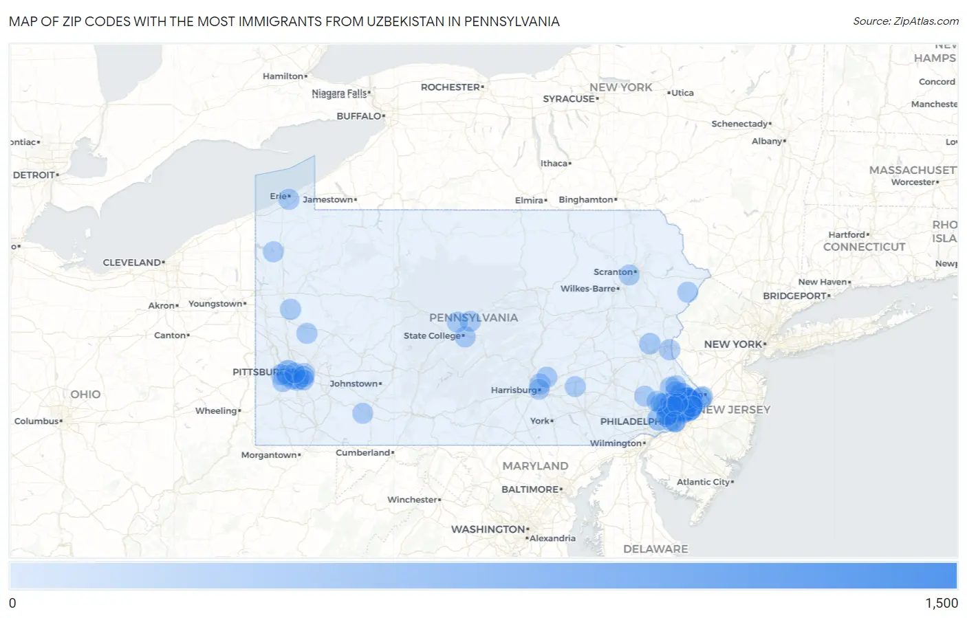 Zip Codes with the Most Immigrants from Uzbekistan in Pennsylvania Map