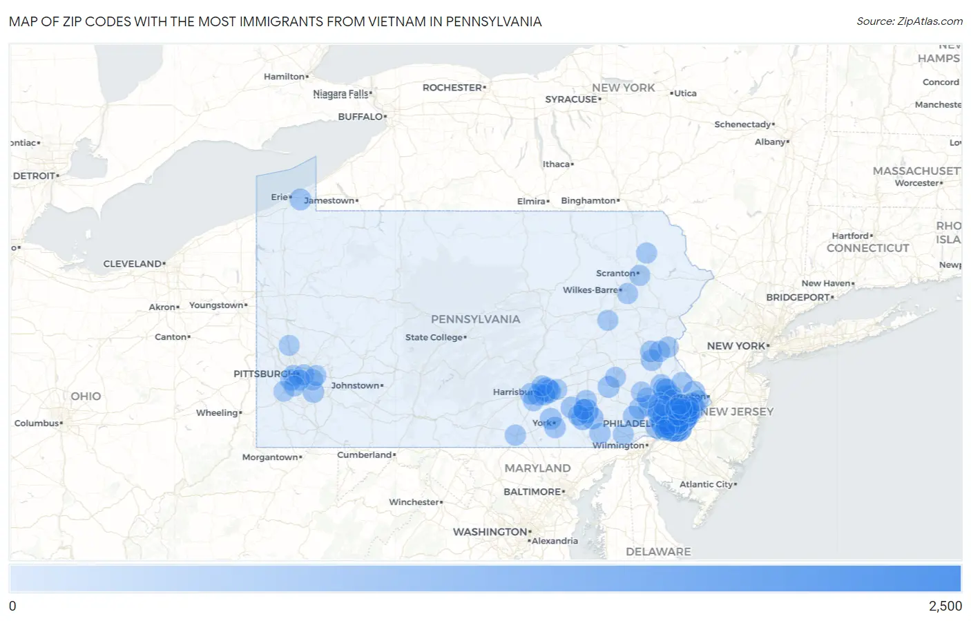 Zip Codes with the Most Immigrants from Vietnam in Pennsylvania Map