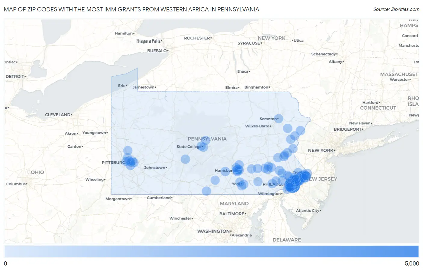 Zip Codes with the Most Immigrants from Western Africa in Pennsylvania Map
