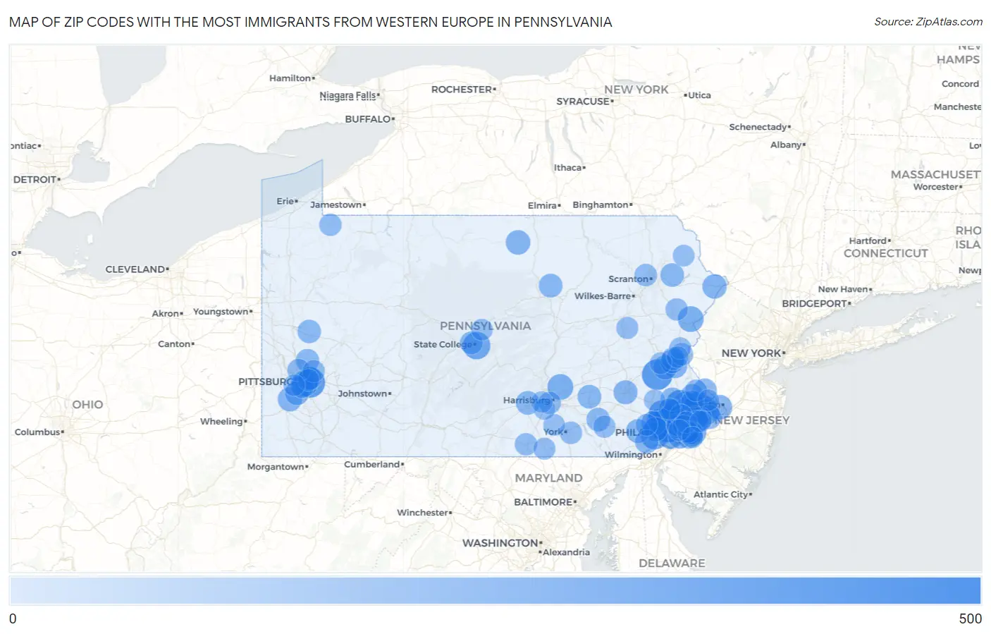 Zip Codes with the Most Immigrants from Western Europe in Pennsylvania Map