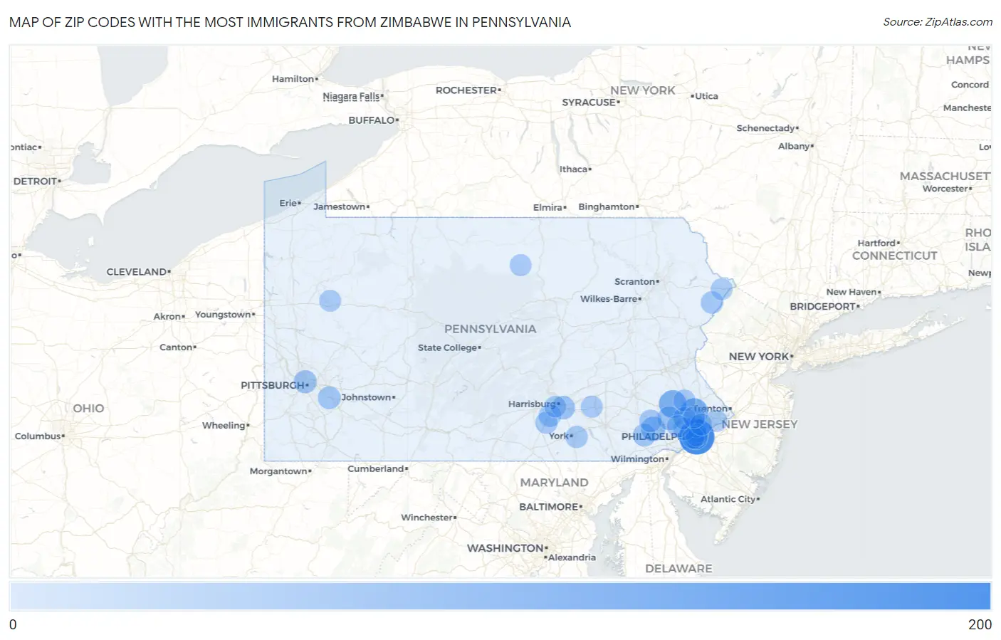 Zip Codes with the Most Immigrants from Zimbabwe in Pennsylvania Map