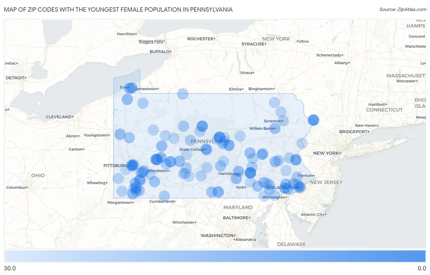 Zip Codes with the Youngest Female Population in Pennsylvania Map