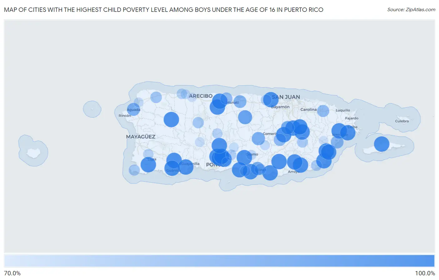 Cities with the Highest Child Poverty Level Among Boys Under the Age of 16 in Puerto Rico Map