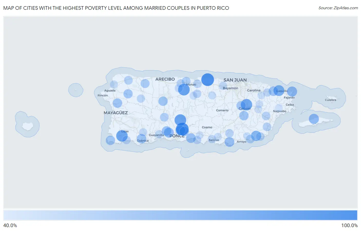 Cities with the Highest Poverty Level Among Married Couples in Puerto Rico Map