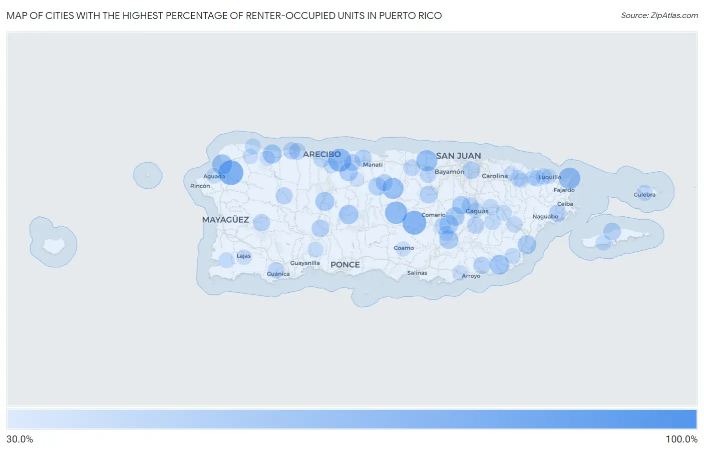 Cities with the Highest Percentage of Renter-Occupied Units in Puerto Rico Map