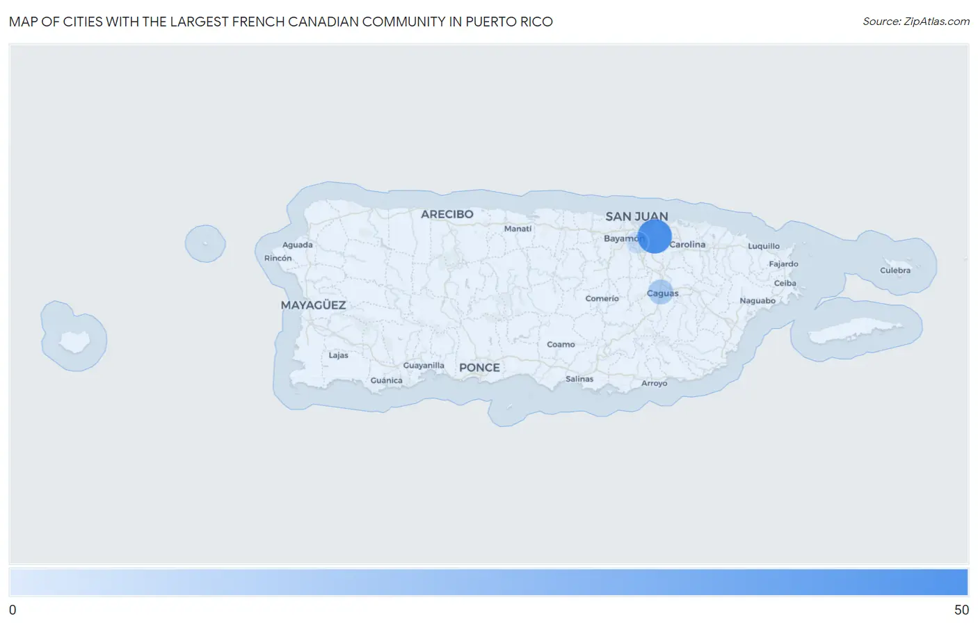 Cities with the Largest French Canadian Community in Puerto Rico Map