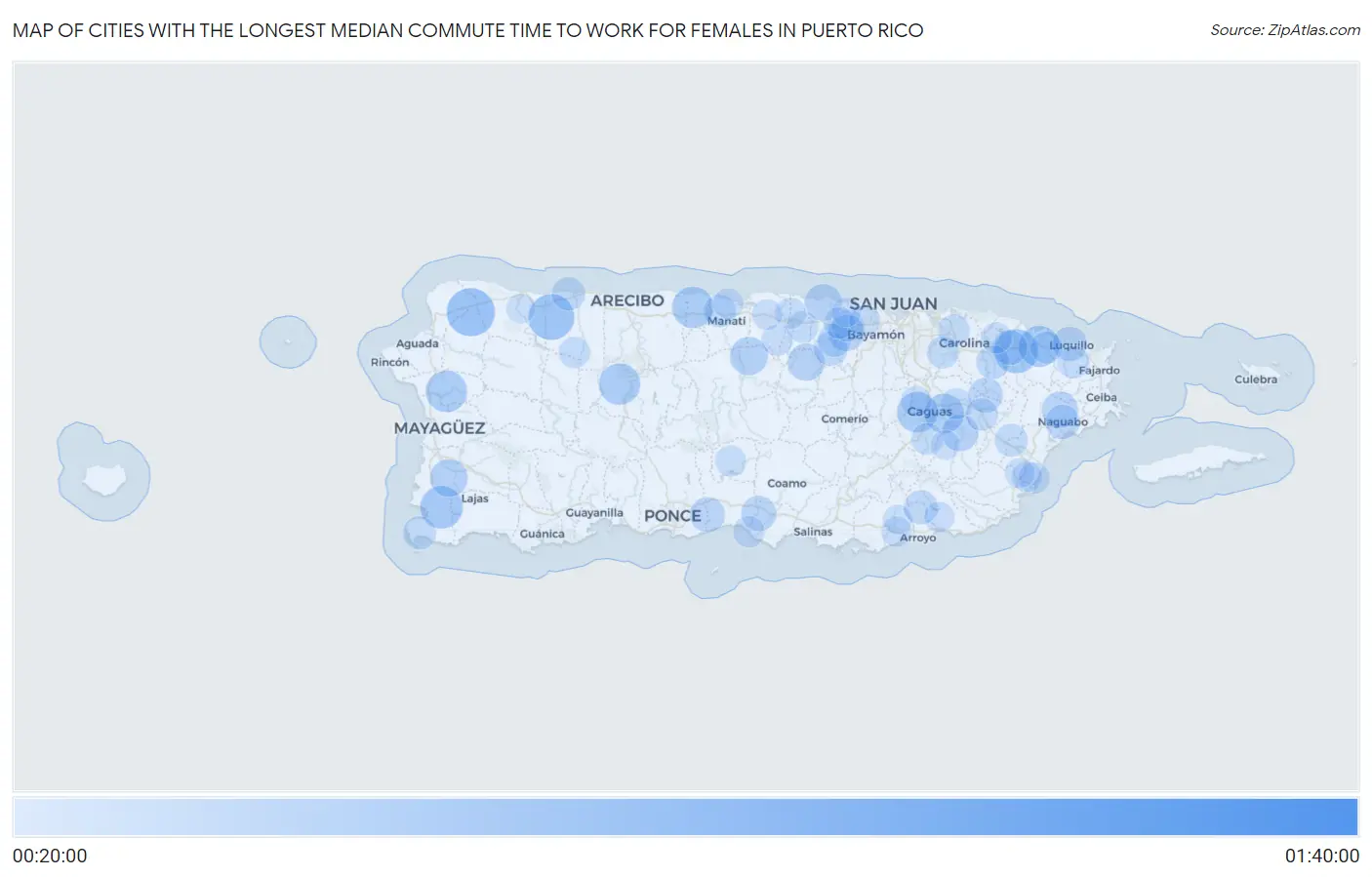 Cities with the Longest Median Commute Time to Work for Females in Puerto Rico Map