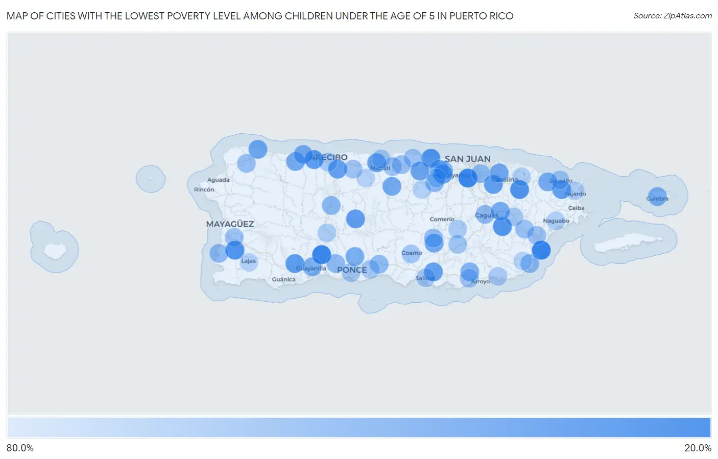 Cities with the Lowest Poverty Level Among Children Under the Age of 5 in Puerto Rico Map