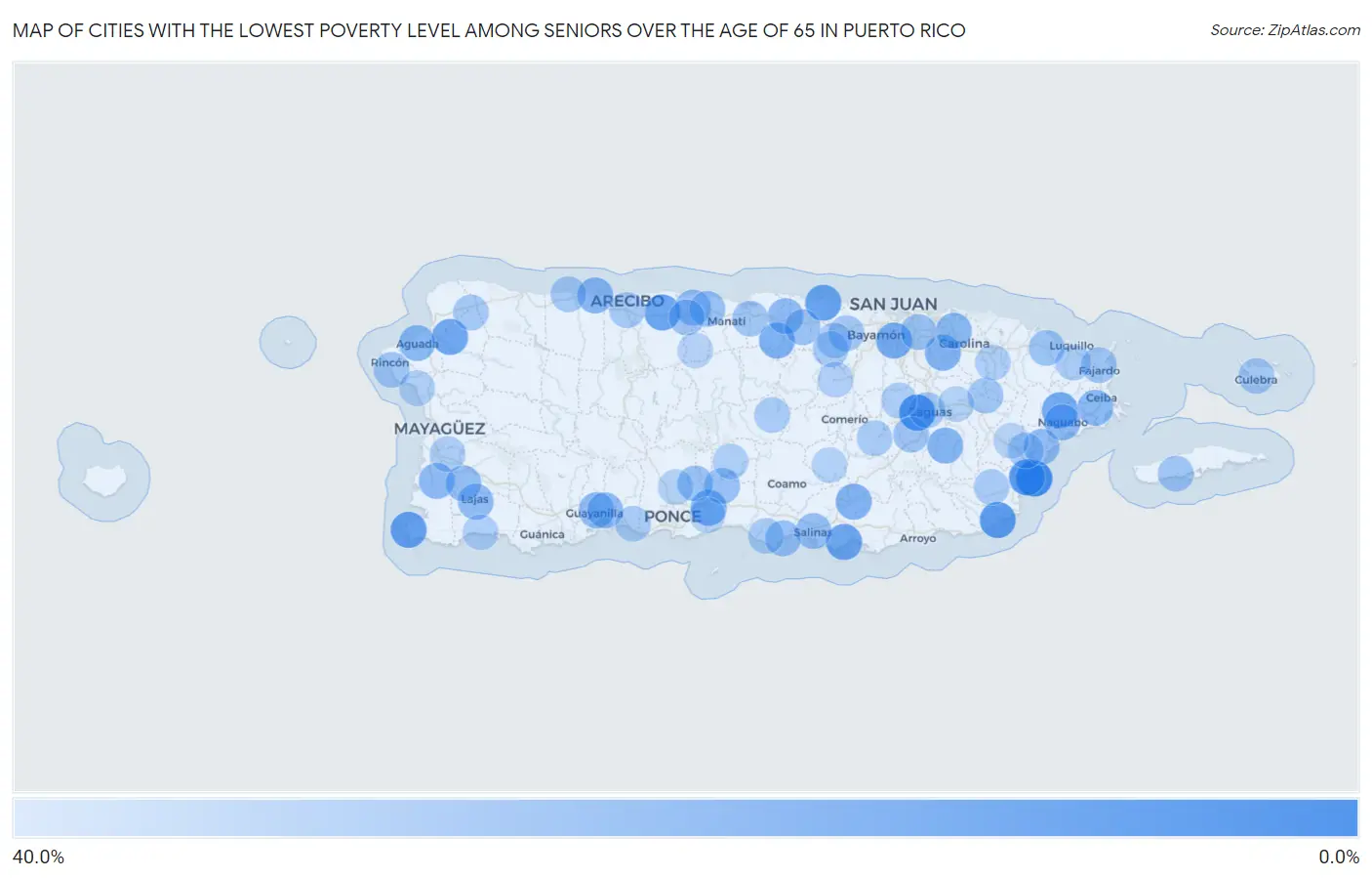 Cities with the Lowest Poverty Level Among Seniors Over the Age of 65 in Puerto Rico Map