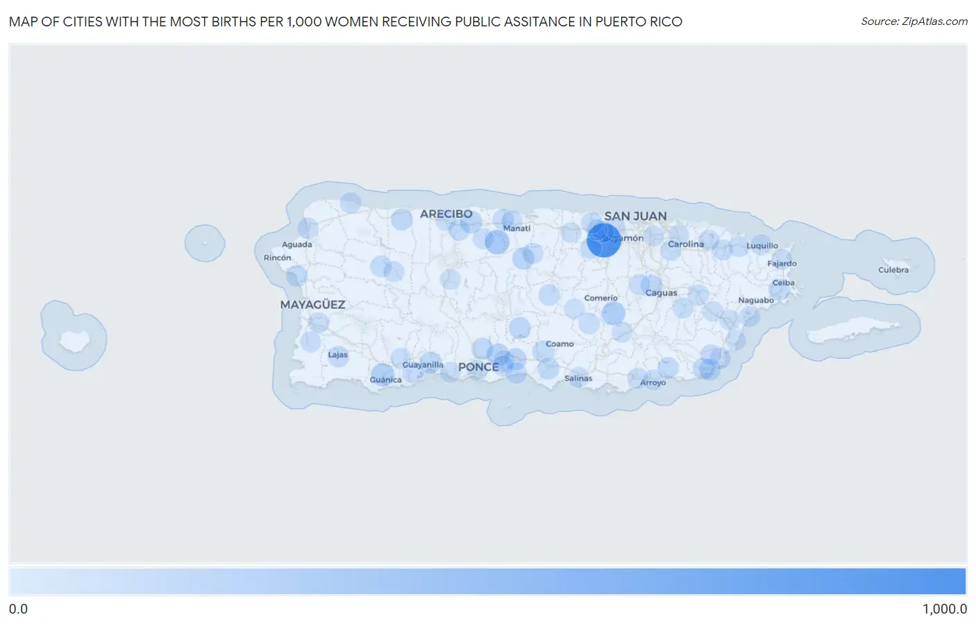 Cities with the Most Births per 1,000 Women Receiving Public Assitance in Puerto Rico Map
