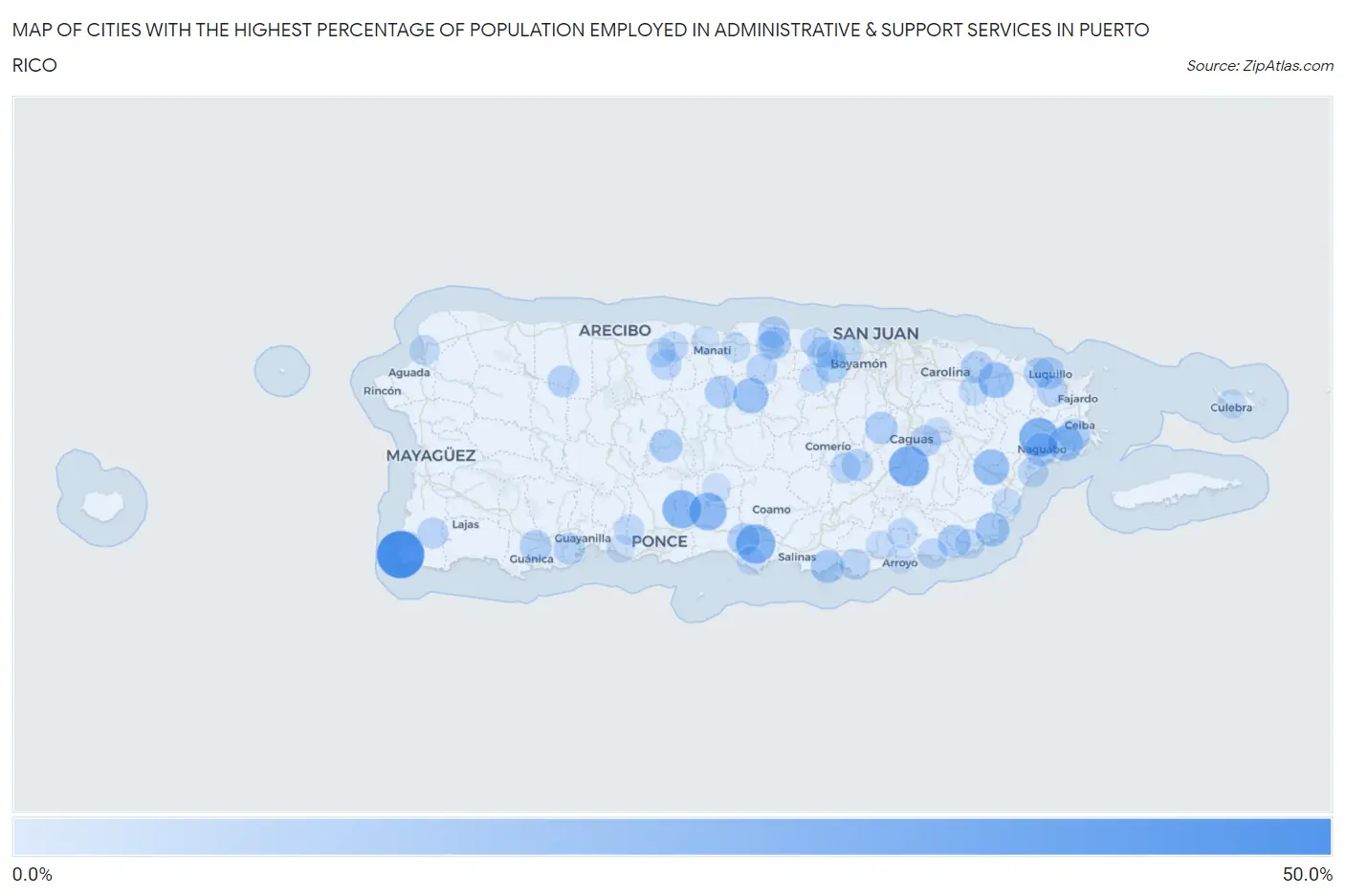 Cities with the Highest Percentage of Population Employed in Administrative & Support Services in Puerto Rico Map