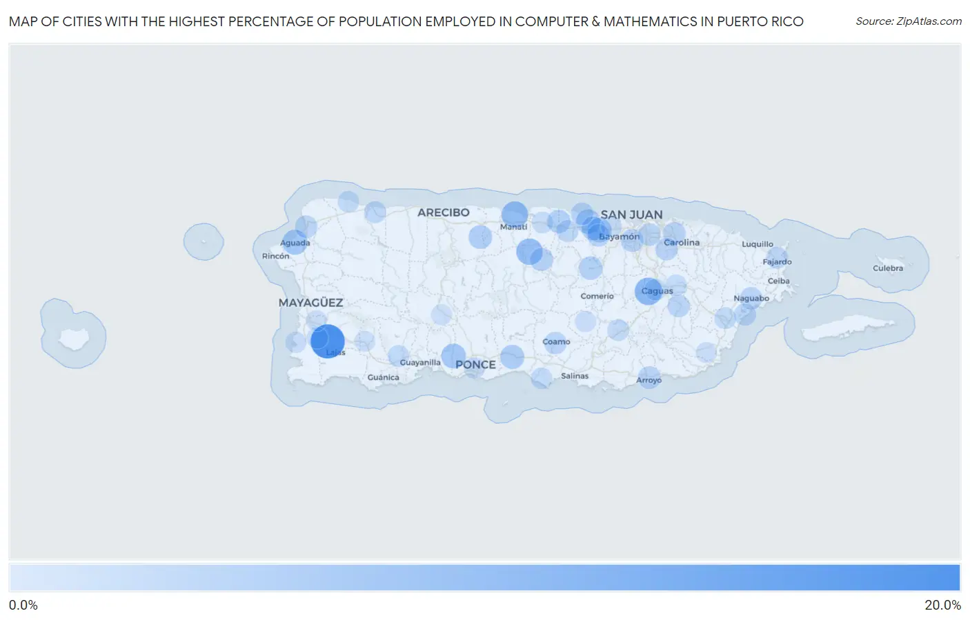 Cities with the Highest Percentage of Population Employed in Computer & Mathematics in Puerto Rico Map