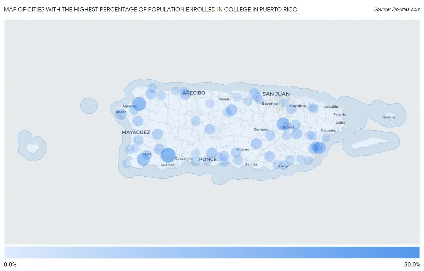 Cities with the Highest Percentage of Population Enrolled in College in Puerto Rico Map