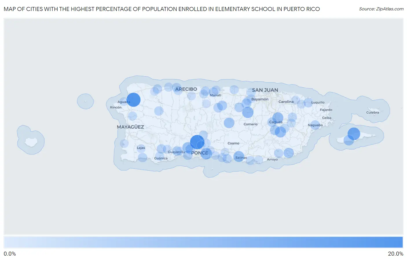 Cities with the Highest Percentage of Population Enrolled in Elementary School in Puerto Rico Map