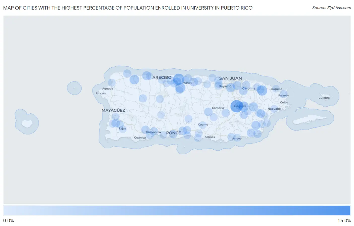 Cities with the Highest Percentage of Population Enrolled in University in Puerto Rico Map