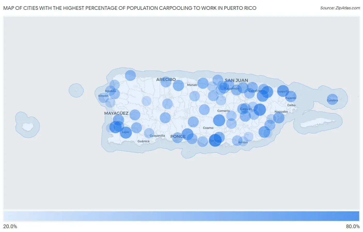 Cities with the Highest Percentage of Population Carpooling to Work in Puerto Rico Map