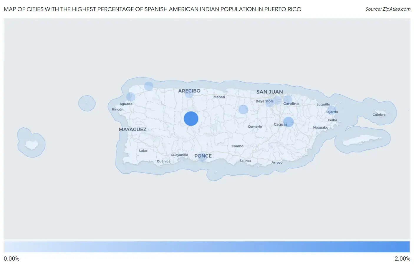 Cities with the Highest Percentage of Spanish American Indian Population in Puerto Rico Map