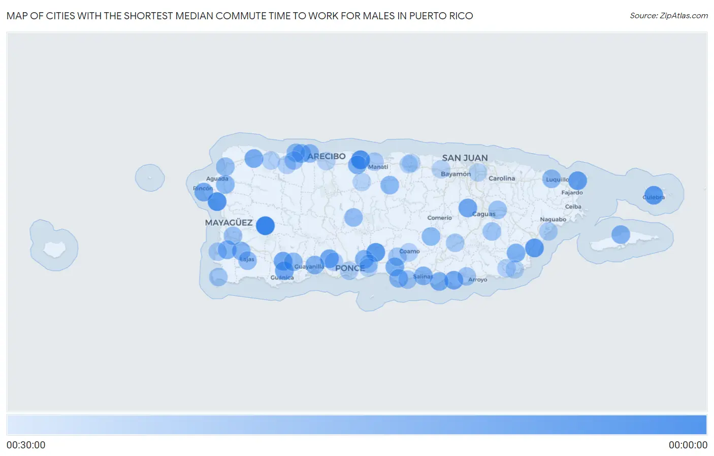 Cities with the Shortest Median Commute Time to Work for Males in Puerto Rico Map