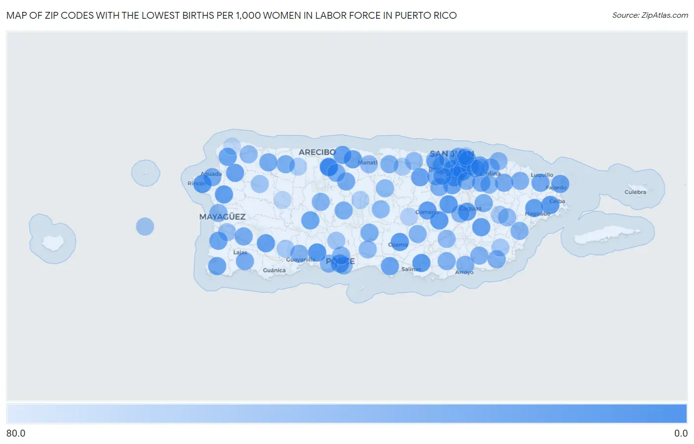 Zip Codes with the Lowest Births per 1,000 Women in Labor Force in Puerto Rico Map