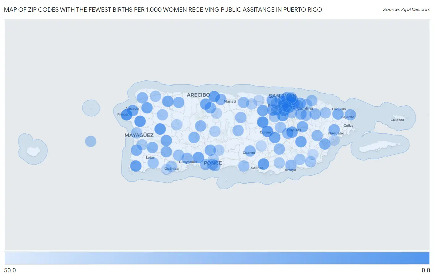 Zip Codes with the Fewest Births per 1,000 Women Receiving Public Assitance in Puerto Rico Map