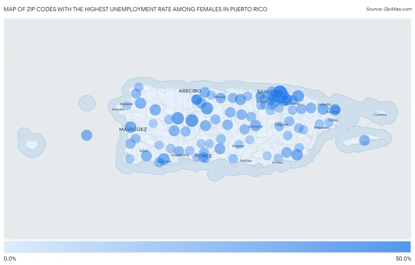 Zip Codes with the Highest Unemployment Rate Among Females in Puerto Rico Map