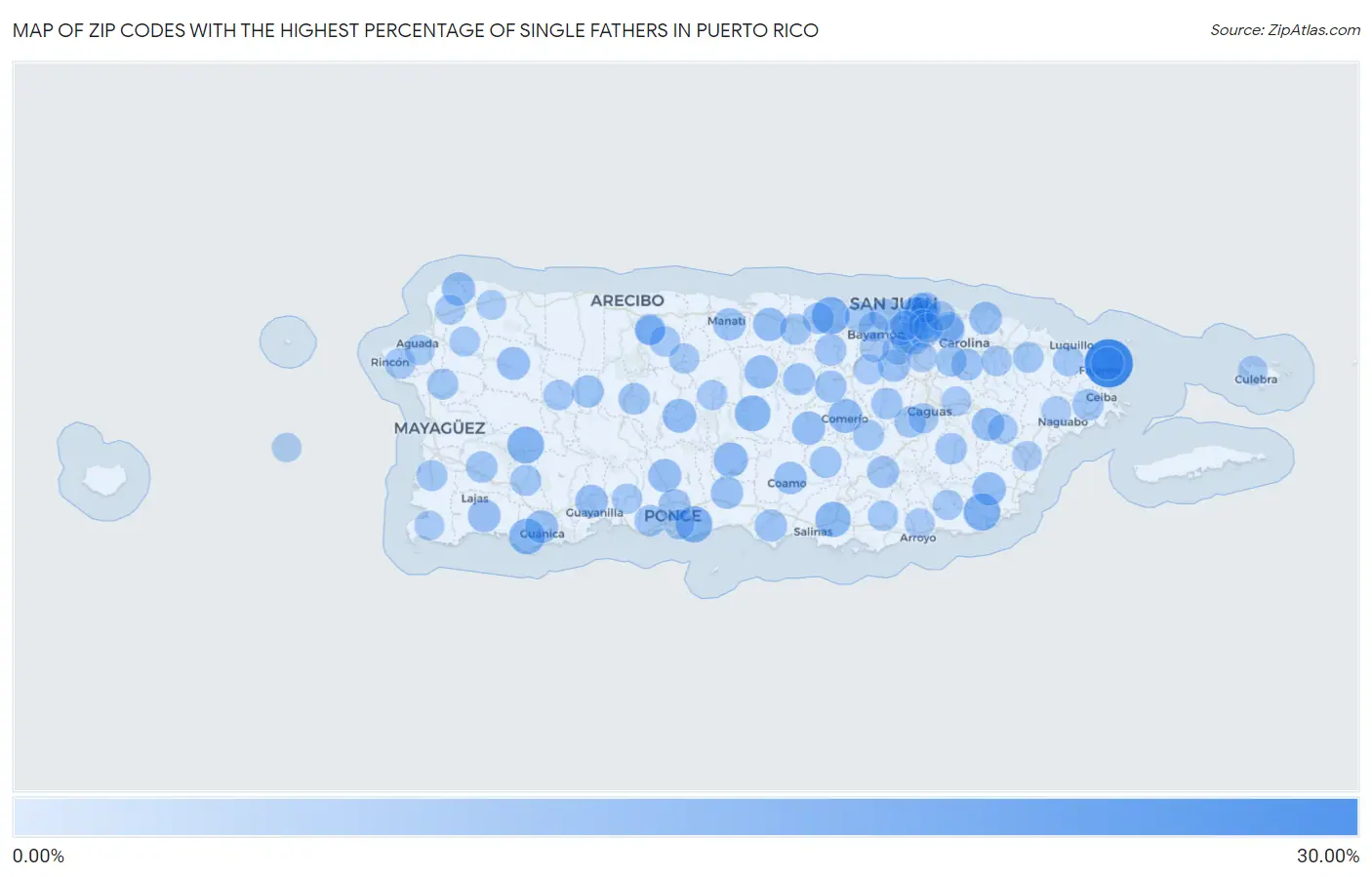 Zip Codes with the Highest Percentage of Single Fathers in Puerto Rico Map