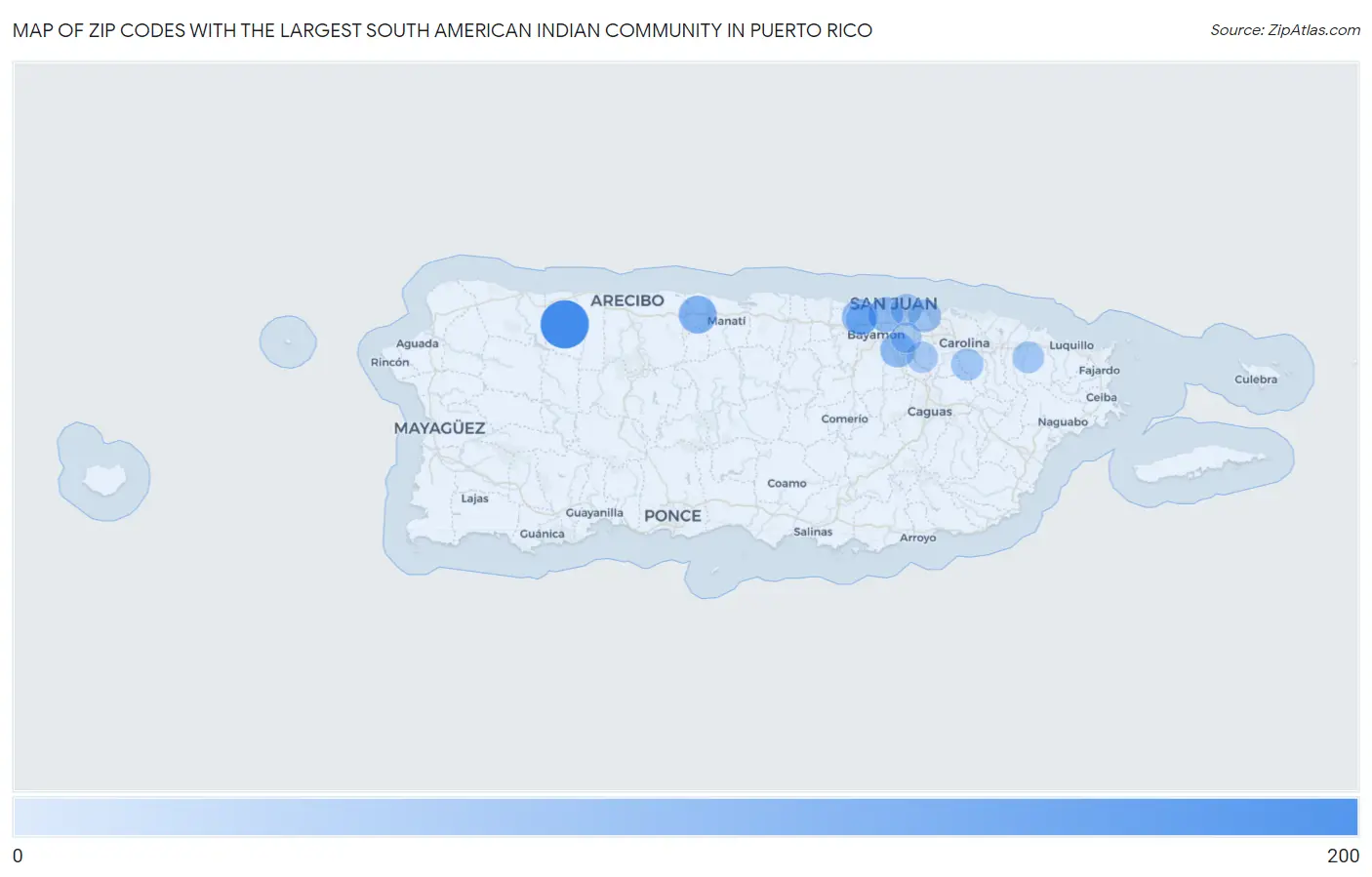 Zip Codes with the Largest South American Indian Community in Puerto Rico Map