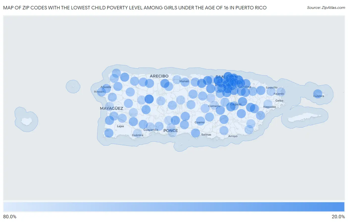 Zip Codes with the Lowest Child Poverty Level Among Girls Under the Age of 16 in Puerto Rico Map