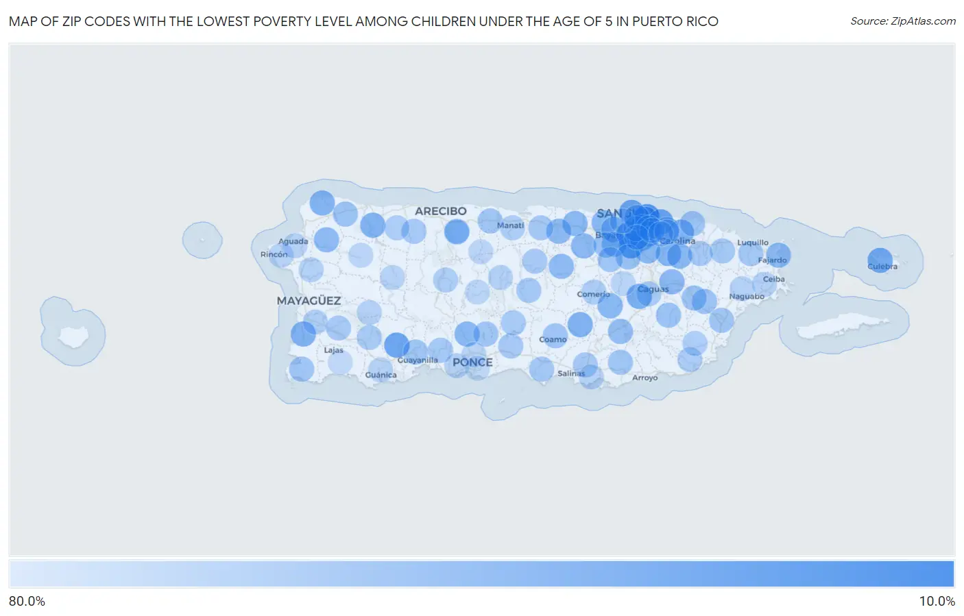 Zip Codes with the Lowest Poverty Level Among Children Under the Age of 5 in Puerto Rico Map