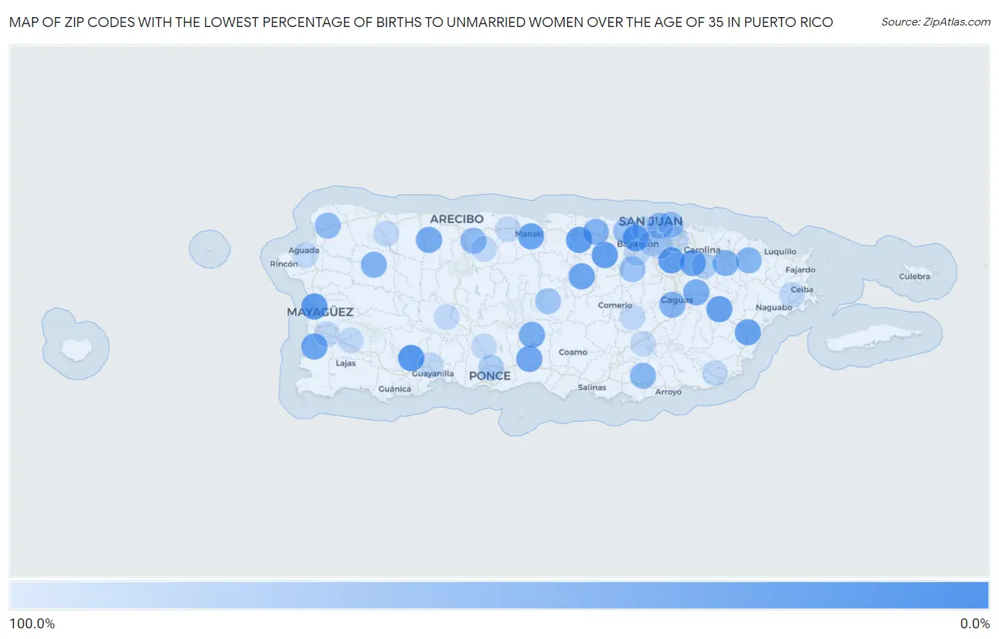 Zip Codes with the Lowest Percentage of Births to Unmarried Women over the Age of 35 in Puerto Rico Map