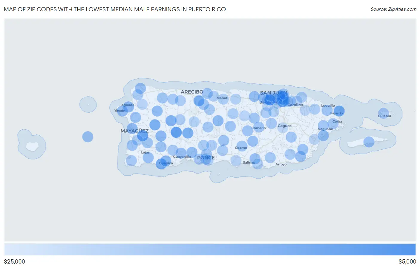Zip Codes with the Lowest Median Male Earnings in Puerto Rico Map