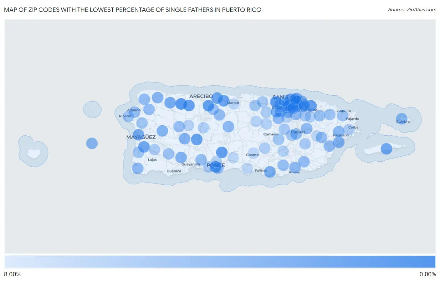 Zip Codes with the Lowest Percentage of Single Fathers in Puerto Rico Map