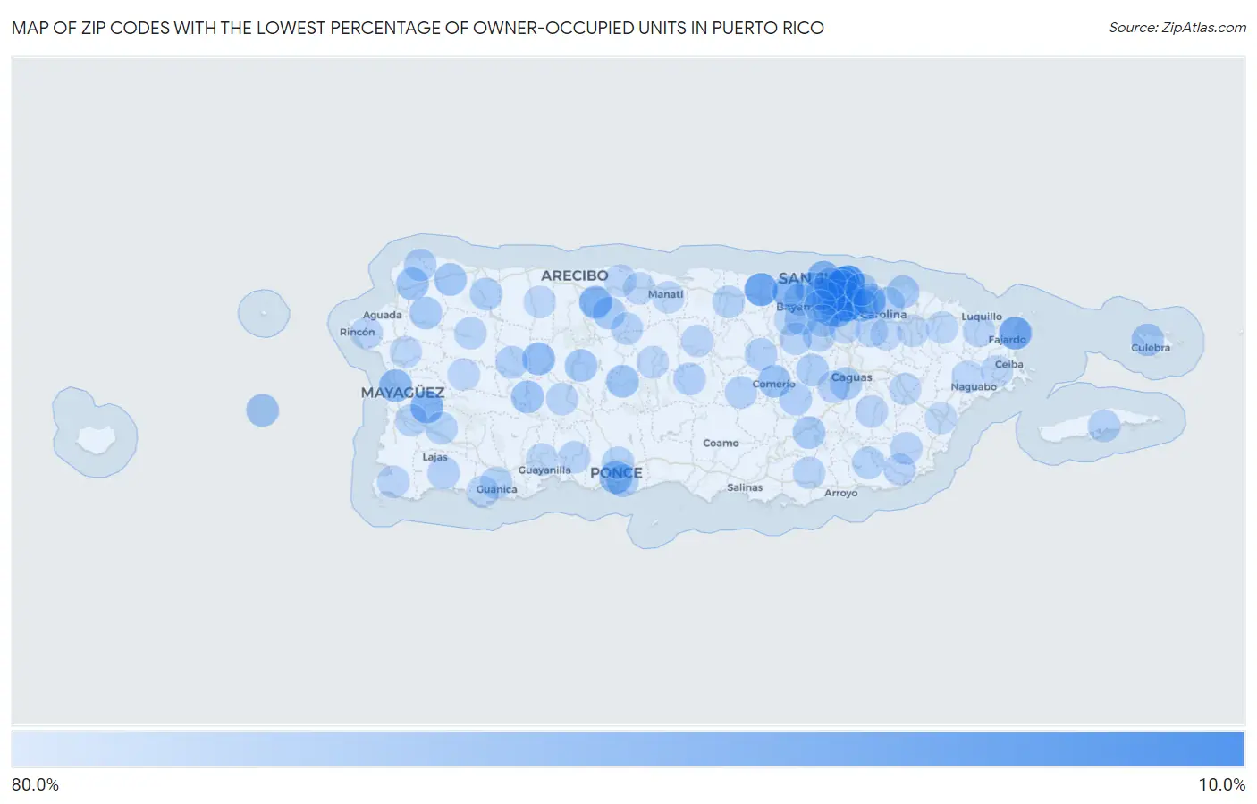 Zip Codes with the Lowest Percentage of Owner-Occupied Units in Puerto Rico Map