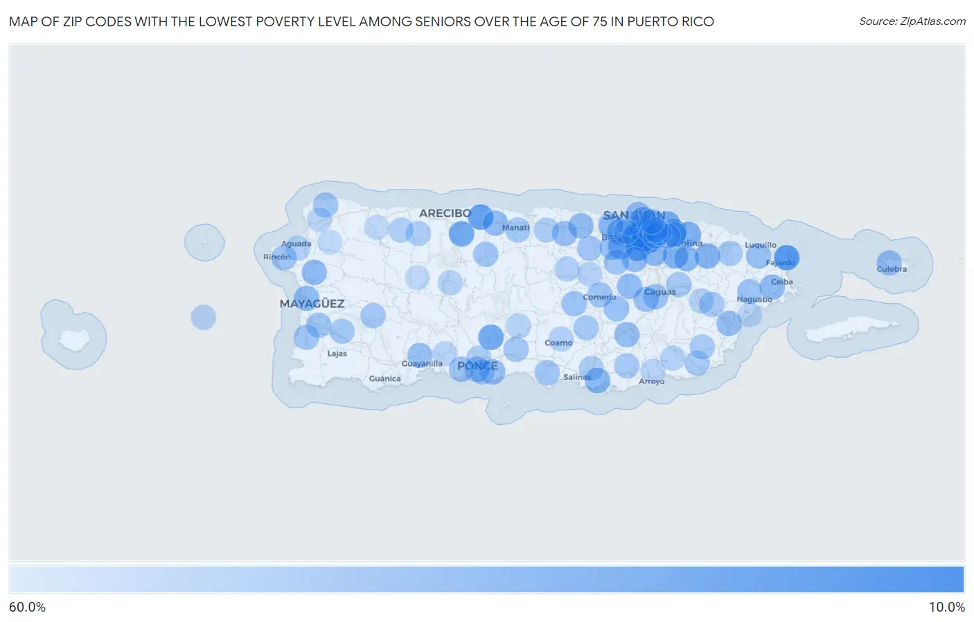 Zip Codes with the Lowest Poverty Level Among Seniors Over the Age of 75 in Puerto Rico Map